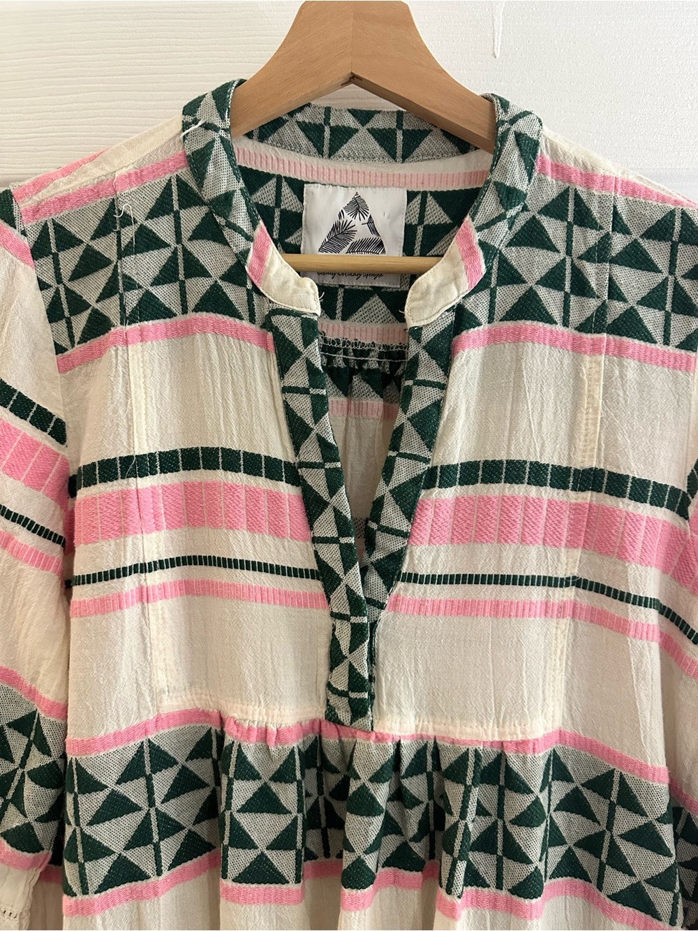 Boho Pearl & Caviar Tiered Tunic Dress Pink & Forest Green Cottage Style - Picture 2 of 5